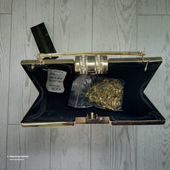 3-Way Gold Clutch Evening Bag Solid Handle Crystal Latch Removable Chain Strap - Picture 7 of 8